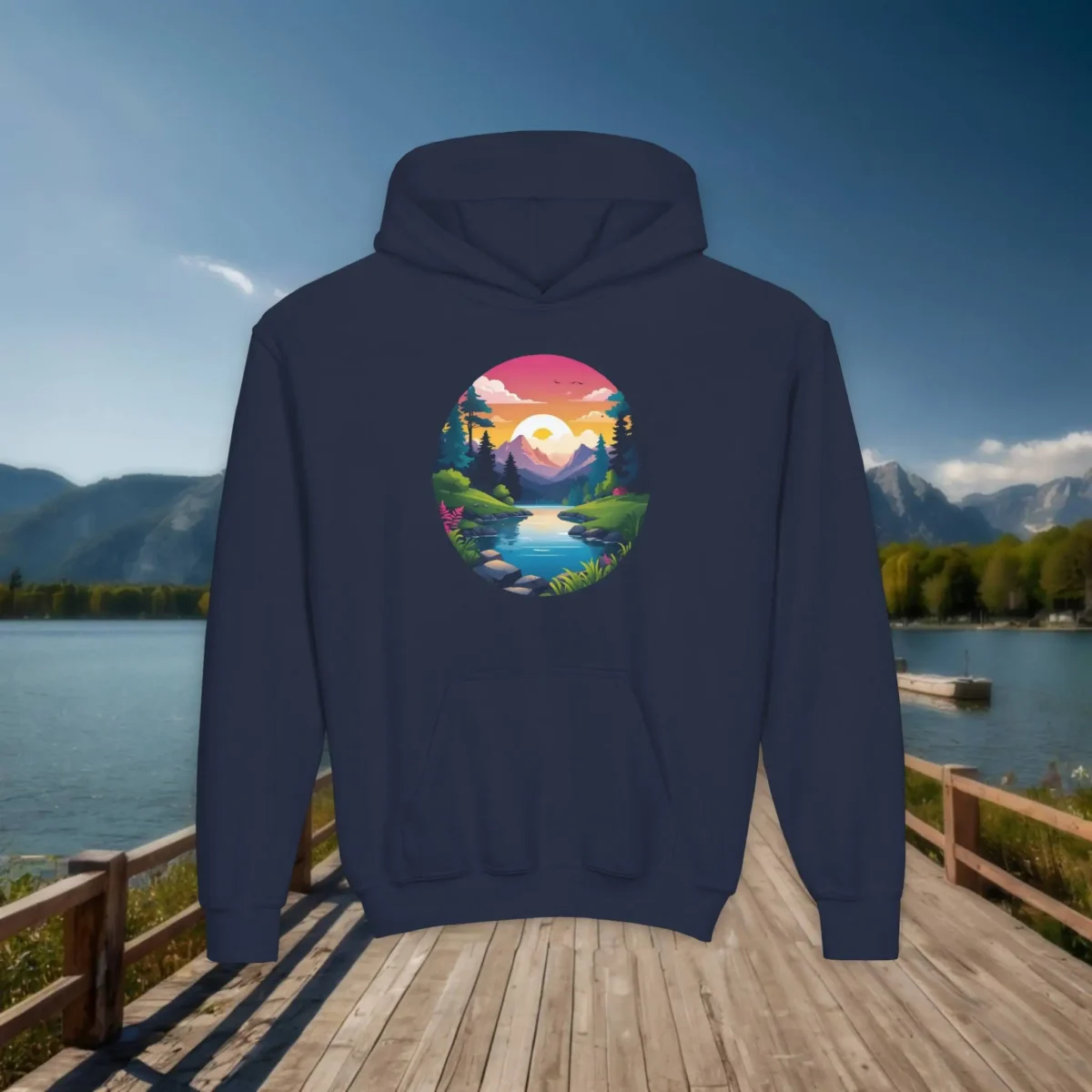 Navy blue youth hoodie with a vibrant illustrated landscape of river, mountains, and sunset