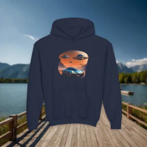 Navy blue youth hoodie featuring a futuristic car and UFOs in a sci-fi sunset scene