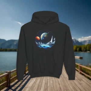 Black youth hoodie with a cosmic design showing planets and icy alien landscape