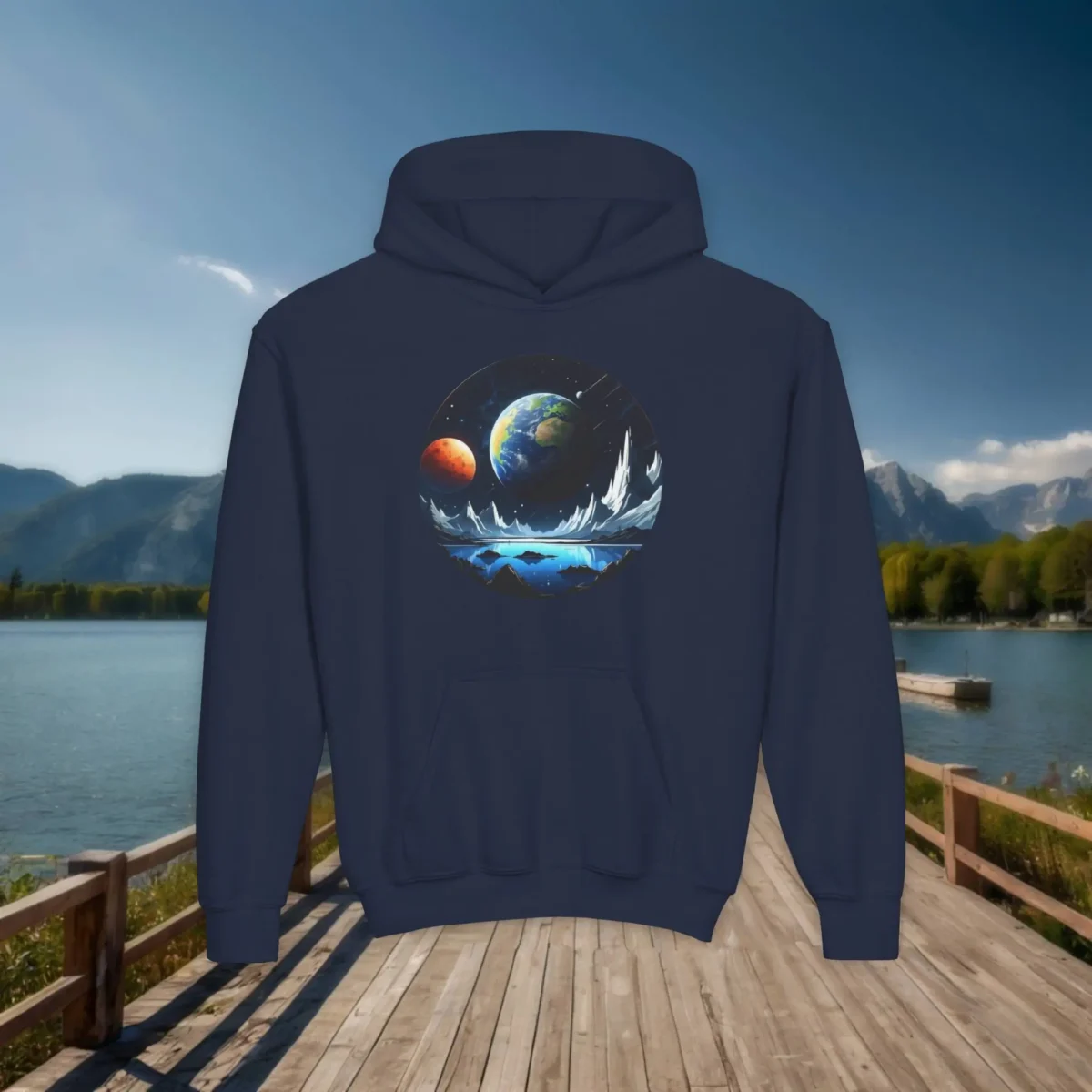 Navy blue youth hoodie with planets and an alien ice landscape in a sci-fi design