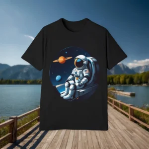 Flat black t-shirt featuring a seated astronaut in outer space with planets, including Saturn, in the background
