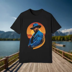 Flat black t-shirt with artistic illustration of a man in a blue suit and hat with orange background