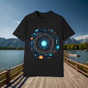 Flat black t-shirt displaying a circular neon circuit board design with glowing blue and orange lights