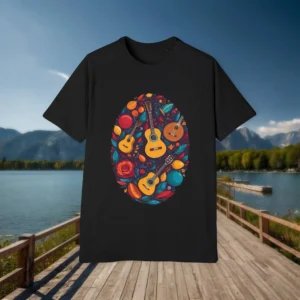 Black raglan t-shirt laid flat on a boardwalk background, featuring a vivid colorful guitar design with floral and festive elements.