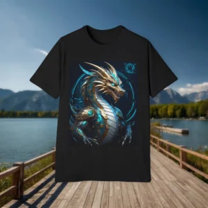 Black t-shirt laid flat with a bold cyber dragon illustration, displayed on a wooden boardwalk background with a lake and mountains.