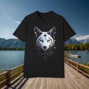 Flat lay of a black t-shirt featuring a high-tech wolf illustration with glowing blue eyes and cybernetic components, placed outdoors on a lakeside dock.