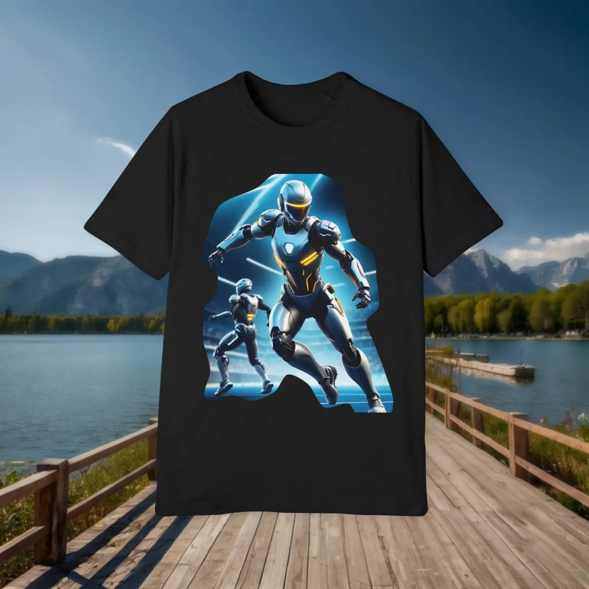 Black raglan t-shirt laid flat on a boardwalk with a lake and mountains in the background, featuring two sleek futuristic armored characters in action.