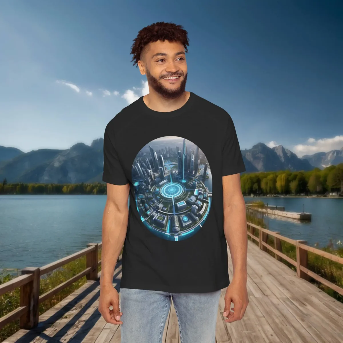 Man wearing a black raglan t-shirt with a circular futuristic cityscape illustration, standing on a dock with a lake and mountain view in the background.