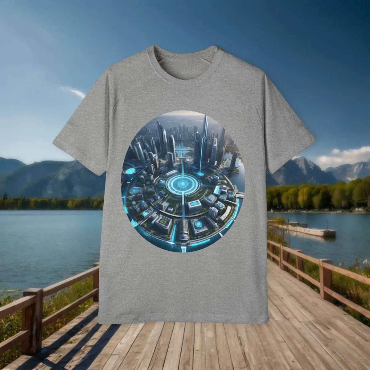 Grey t-shirt laid flat featuring a circular futuristic city graphic, displayed on a wooden dock with a scenic lake and mountains in the background.