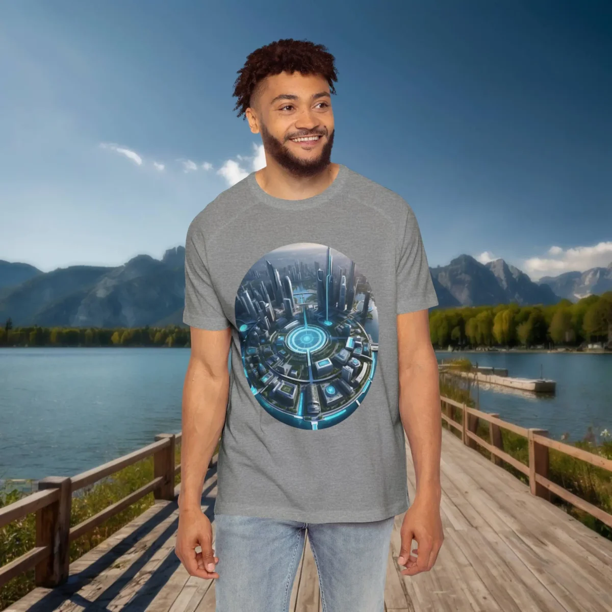 Man wearing a grey raglan t-shirt with a detailed sci-fi cityscape illustration, on a dock with water and mountains in the background.