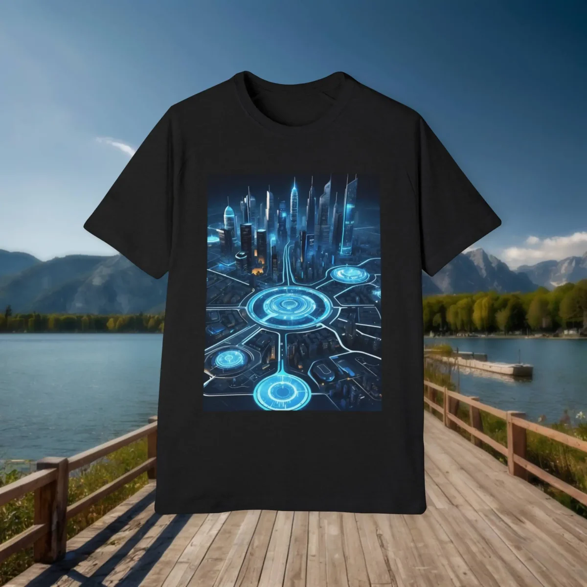 Black t-shirt laid flat on a wooden dock background, showcasing a digital futuristic city map in blue neon tones.