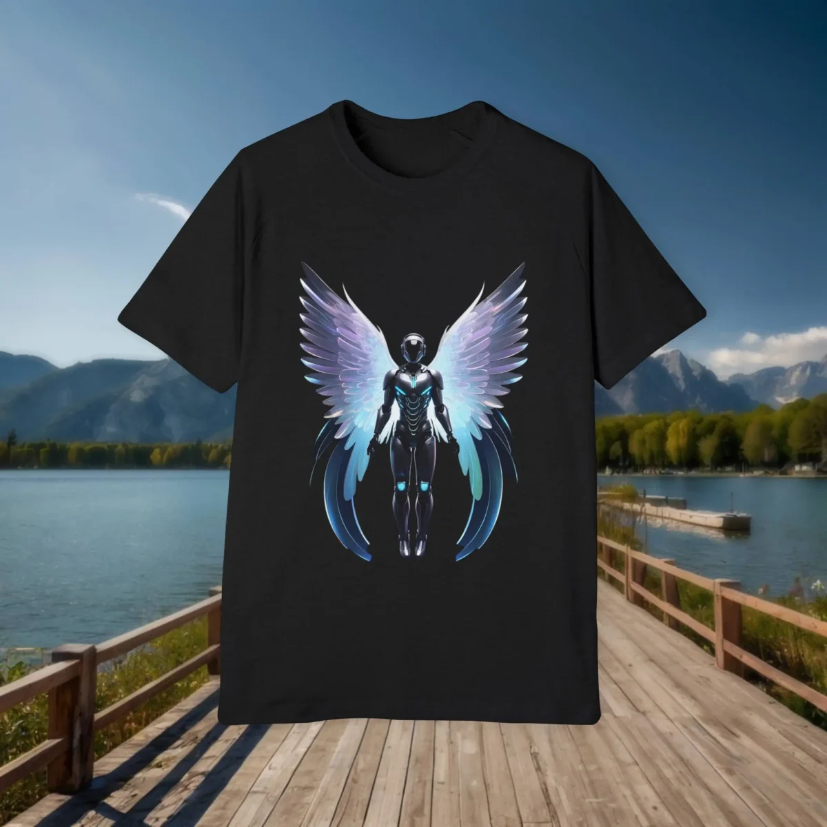 Black t-shirt laid flat with a central futuristic humanoid figure with radiant angelic wings, placed on a wooden dock with a lake and mountain backdrop.