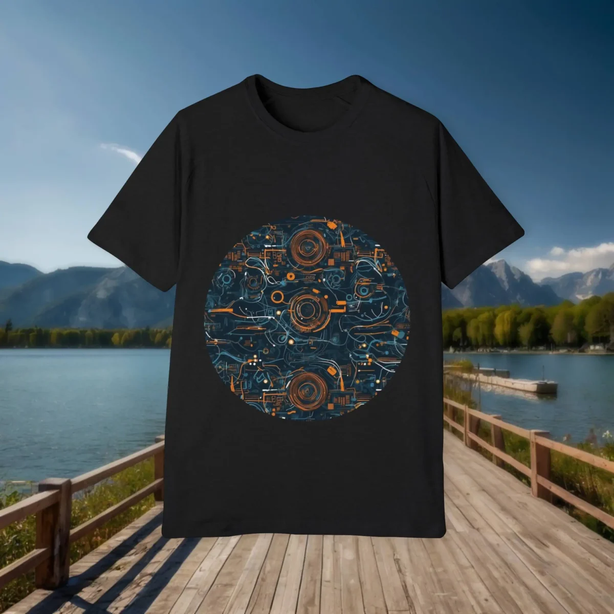 Black t-shirt laid flat with a circular graphic of detailed mechanical gears and wiring, placed on a wooden dock with a lake and mountain view.