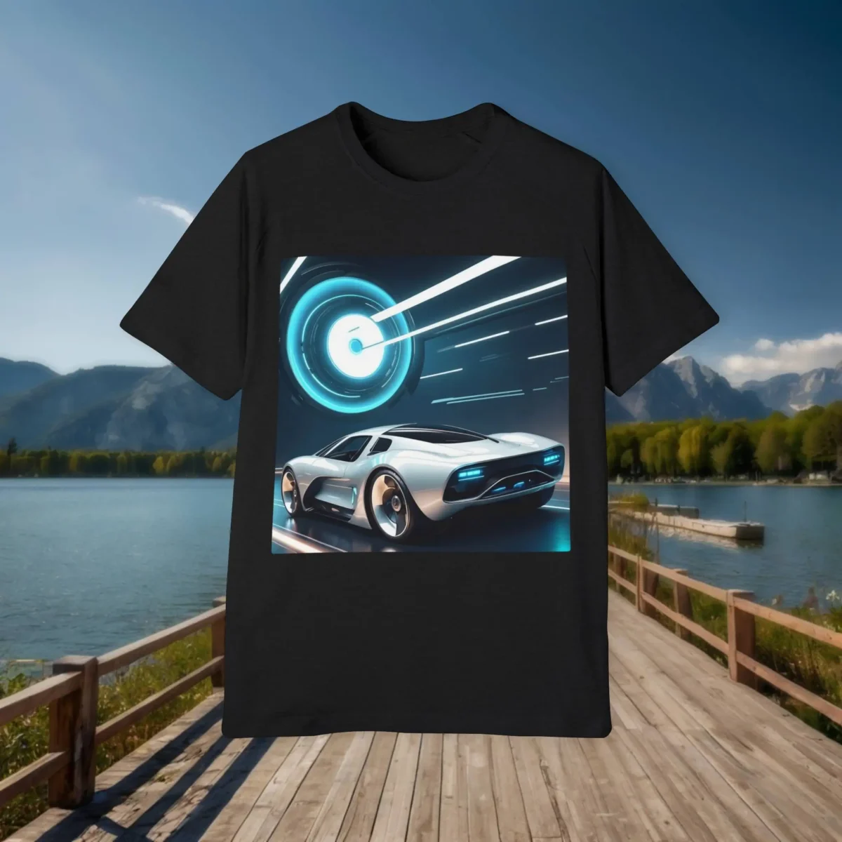 Flat black t-shirt featuring a high-speed retro-futuristic car with glowing blue digital effects, displayed on a dock with mountain and lake backdrop.