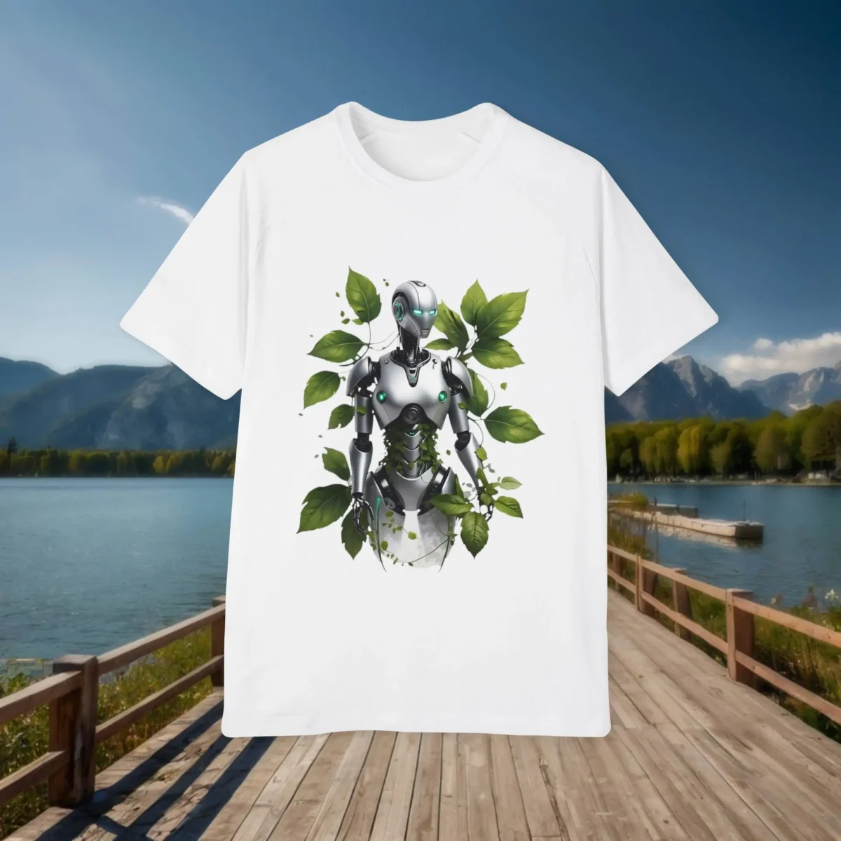 White t-shirt laid flat with a futuristic robot and green leaves design, set on a dock background with lake and mountains.