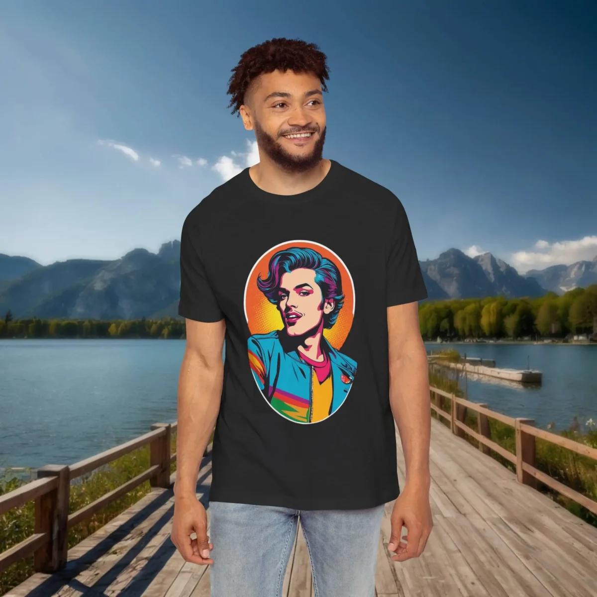 Man wearing a black raglan t-shirt with a bold, colorful pop art design of a fashionable man, posed confidently in front of a circular gradient background.