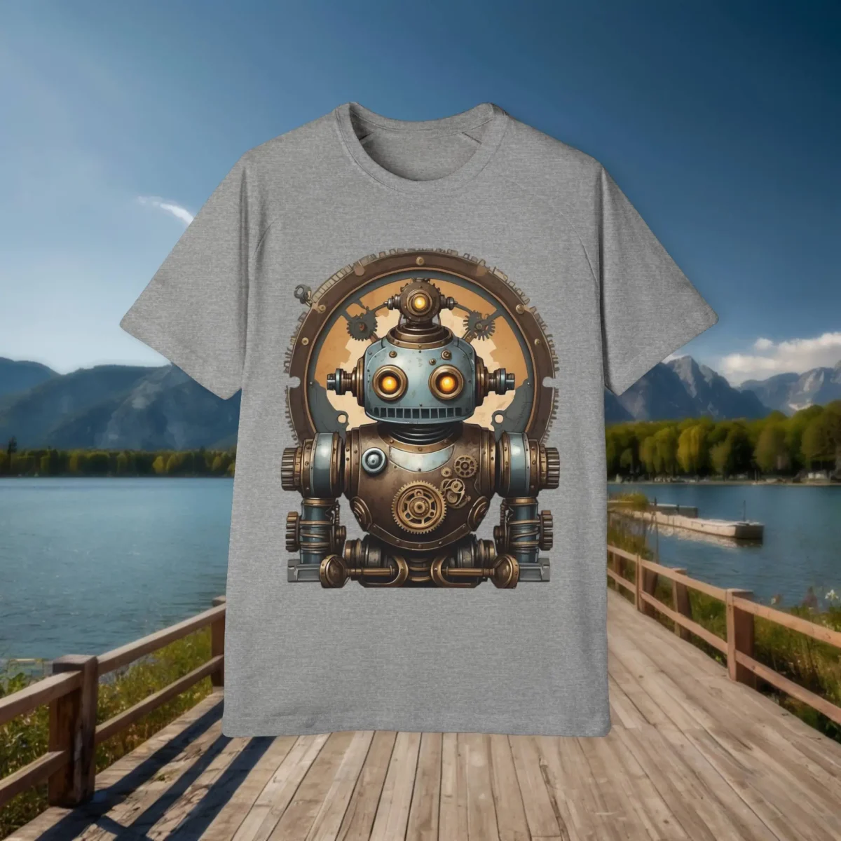 Flat grey t-shirt featuring a cute steampunk robot with copper gears and glowing eyes, laid out on a dock with scenic background.