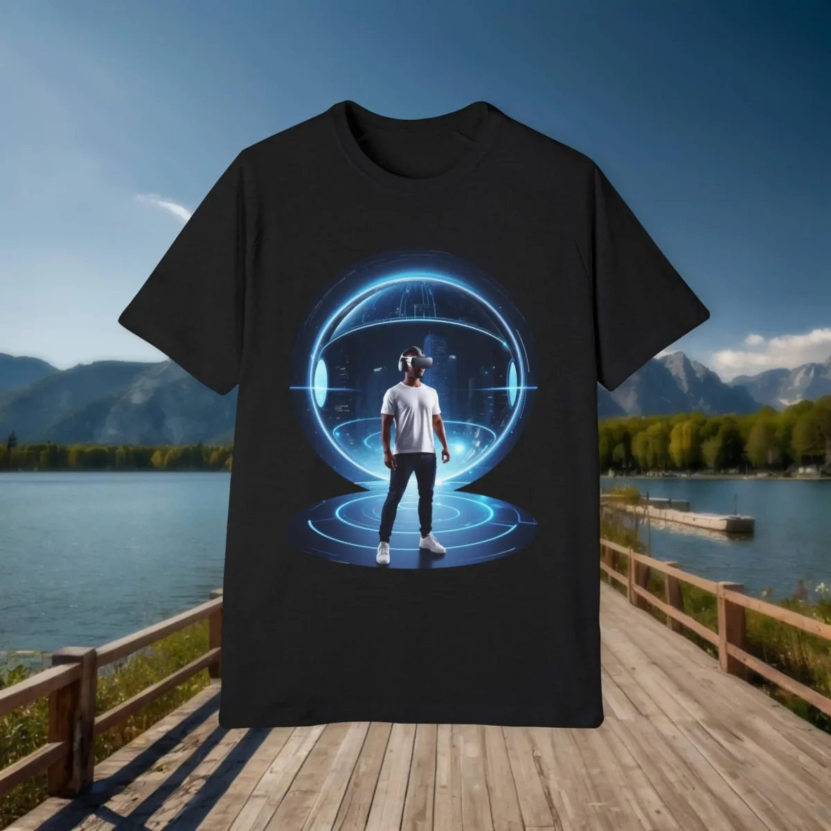 Flat lay of black t-shirt with a digital illustration of a man in a VR headset inside a luminous blue futuristic sphere, laid on a dock near a lake and mountains.