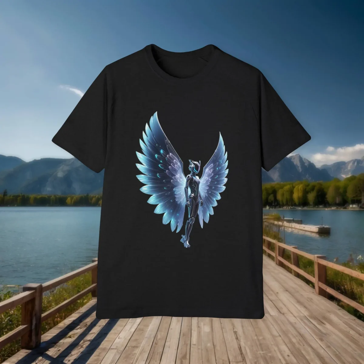 Flat lay of black t-shirt showing a digital illustration of a futuristic female figure with glowing wings in blue and purple tones, against a scenic outdoor background.