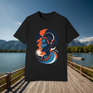 Flat black t-shirt with colorful graphic of a woman in headphones and swirling abstract shapes