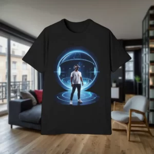 Men’s raglan t-shirt in black featuring a futuristic virtual reality design with a person wearing a VR headset standing in a glowing digital sphere, displayed in a modern living room.