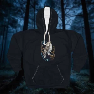 Hoodie featuring a detailed owl design perched on a branch with a moonlit forest background.