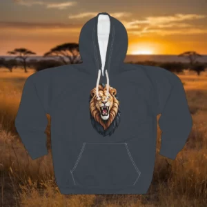 Hoodie featuring a roaring lion graphic, set against a savanna backdrop at sunset.