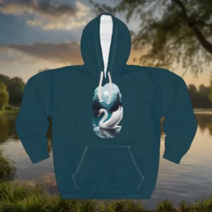 Hooded sweatshirt featuring a design of a swan gliding on a calm lake, surrounded by a forest and mountain backdrop.