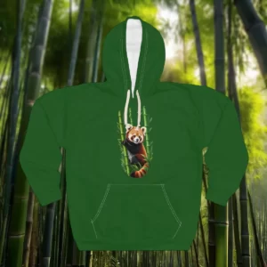 Hoodie featuring a red panda design surrounded by bamboo.