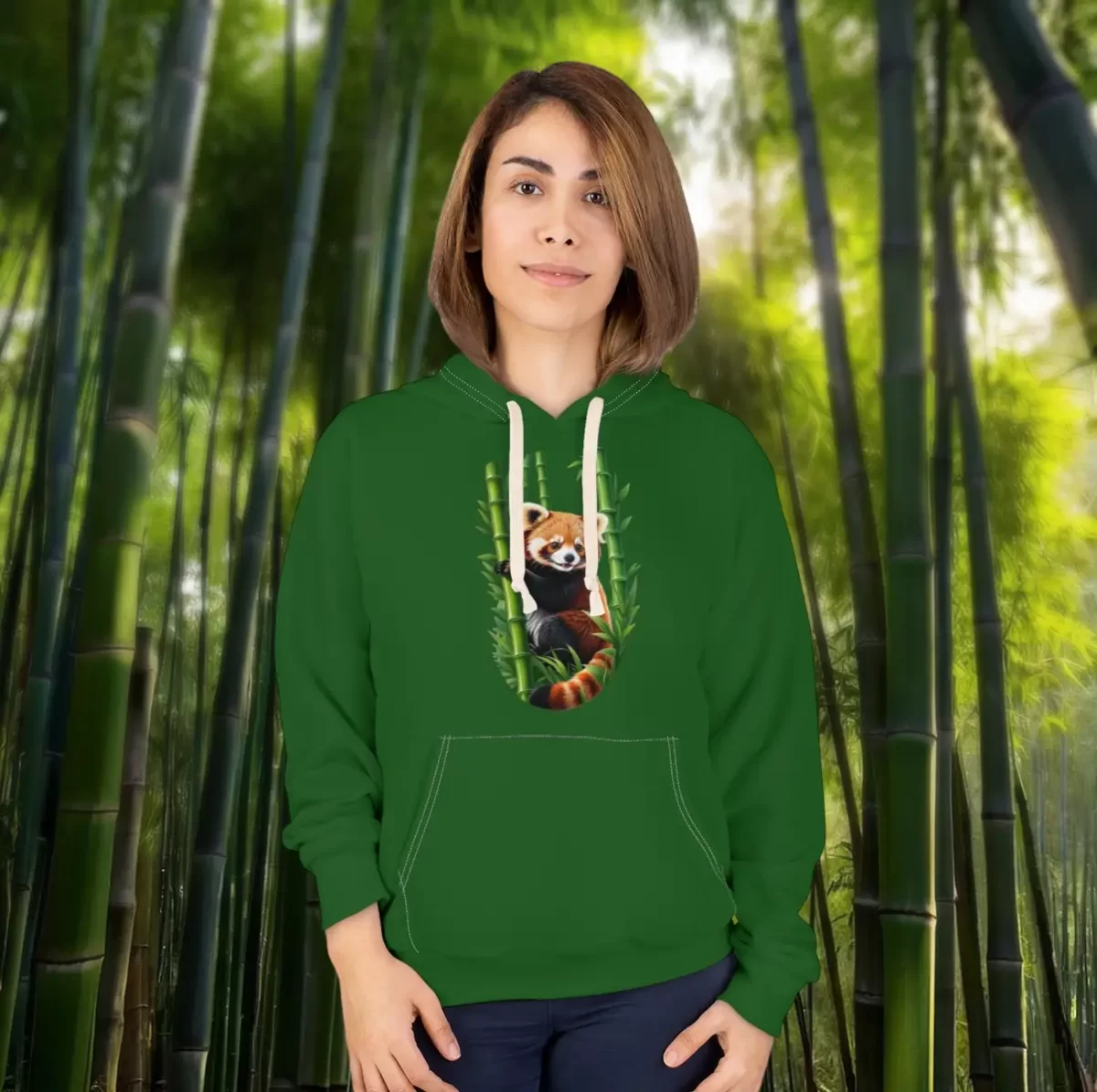 Woman wearing a hoodie featuring a red panda design surrounded by bamboo.