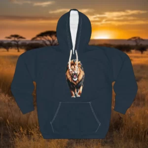 Hoodie featuring a graphic of a walking, roaring lion, displayed against a savanna backdrop at sunset.