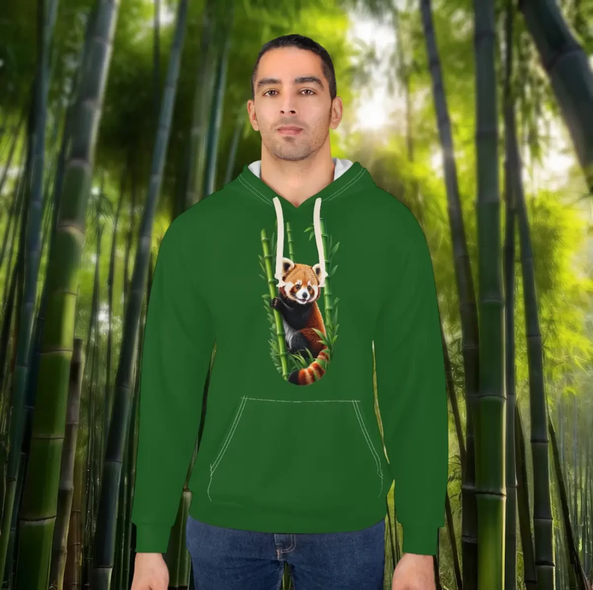 Man wearing a hoodie featuring a red panda design surrounded by bamboo.