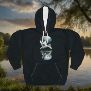 Hooded sweatshirt featuring a design of a swan in flight over a calm lake, with its reflection mirrored in the water and a scenic forest background.