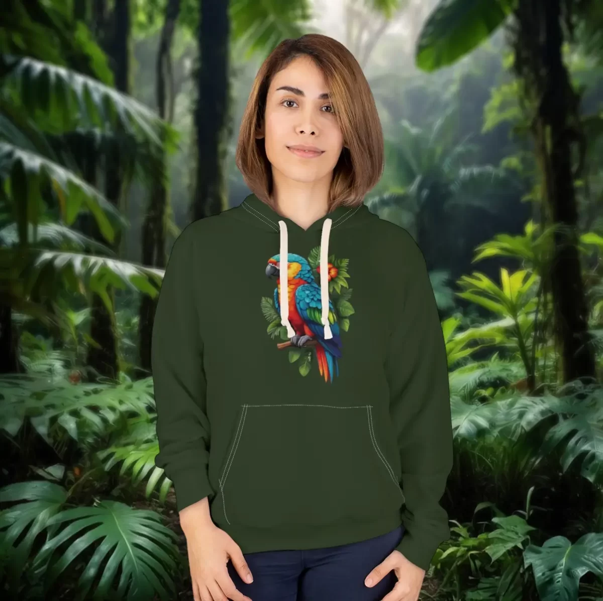 Woman wearing a hoodie with a colorful parrot design surrounded by tropical foliage, set against a lush rainforest background.