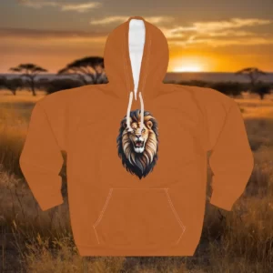 Hoodie with a roaring lion graphic, displayed against a savanna backdrop at sunset.