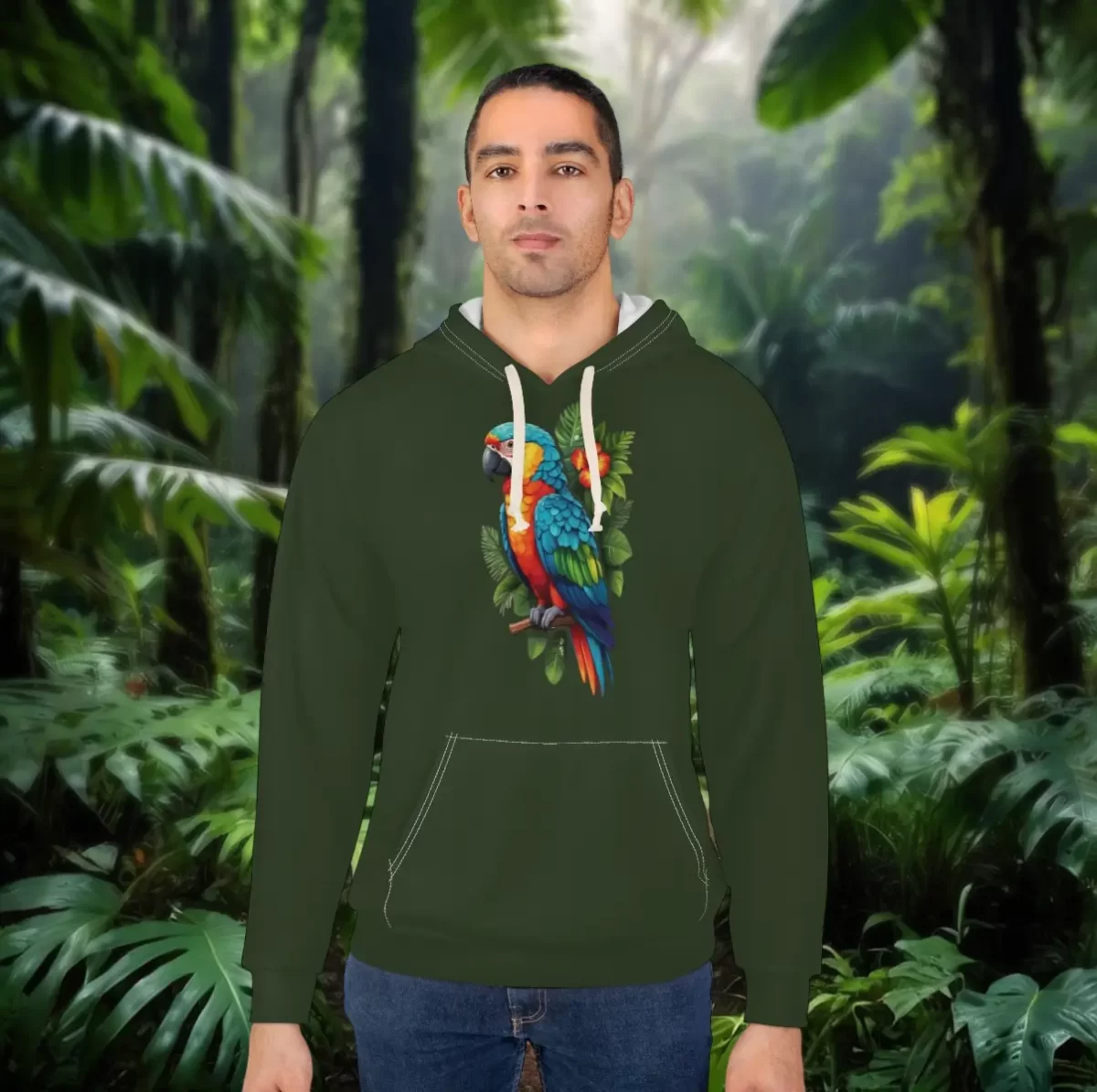 Man wearing a hoodie with a vibrant parrot design surrounded by tropical foliage, set against a lush rainforest background.