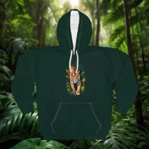 A hoodie with a tiger design in a jungle-themed background.