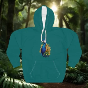 A hoodie featuring a detailed peacock design with vibrant feathers, set against a lush forest background.