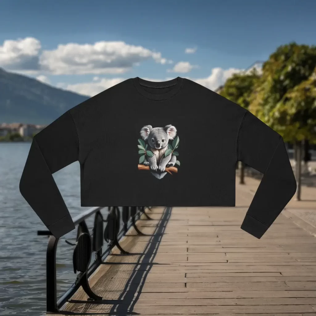 Women's cropped sweatshirt in black with a detailed koala illustration holding onto a branch, displayed outdoors near a lake and mountains.