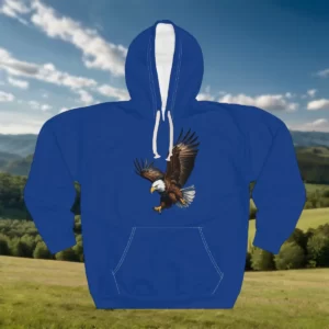 Hoodie featuring a design of an eagle in a striking landing pose.