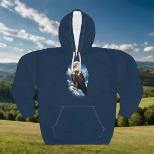 Hoodie featuring a majestic eagle design perched on a mountain with a sunrise backdrop.