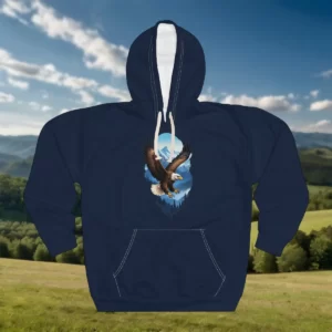 Hoodie featuring a design of an eagle soaring above a forest with a mountain and sky backdrop.