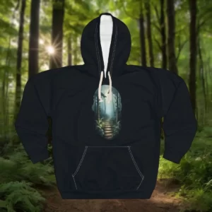 Hoodie featuring a mystical forest path design with steps leading through a lush, sunlit woodland.