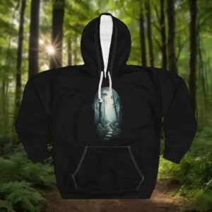 Hoodie featuring a design of a mystical forest path with stone steps leading into a sunlit woodland.