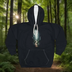 Hoodie featuring a serene forest path design with winding steps leading into a sunlit woodland.