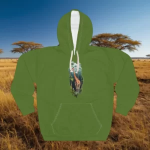 Hoodie featuring a giraffe design surrounded by lush greenery and a cloudy sky.