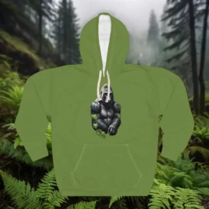 Hoodie featuring a gorilla design surrounded by lush green foliage in a misty forest setting.