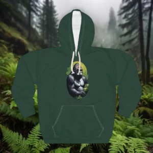 Hoodie featuring a gorilla design surrounded by green foliage with a golden sunlight backdrop in a misty forest.