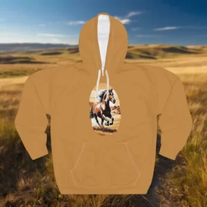 A hoodie featuring an illustration of a running horse in a grassy plain with mountains in the background.