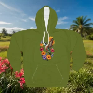 Hoodie featuring a vibrant hummingbird design surrounded by colorful flowers in a tropical setting.